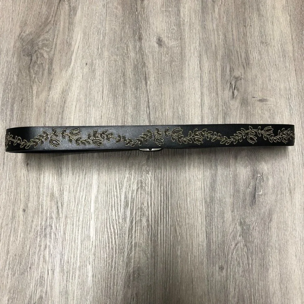 Vintage Black Leather Belt Floral Embroidery Silver Tone Large Statement Buckle